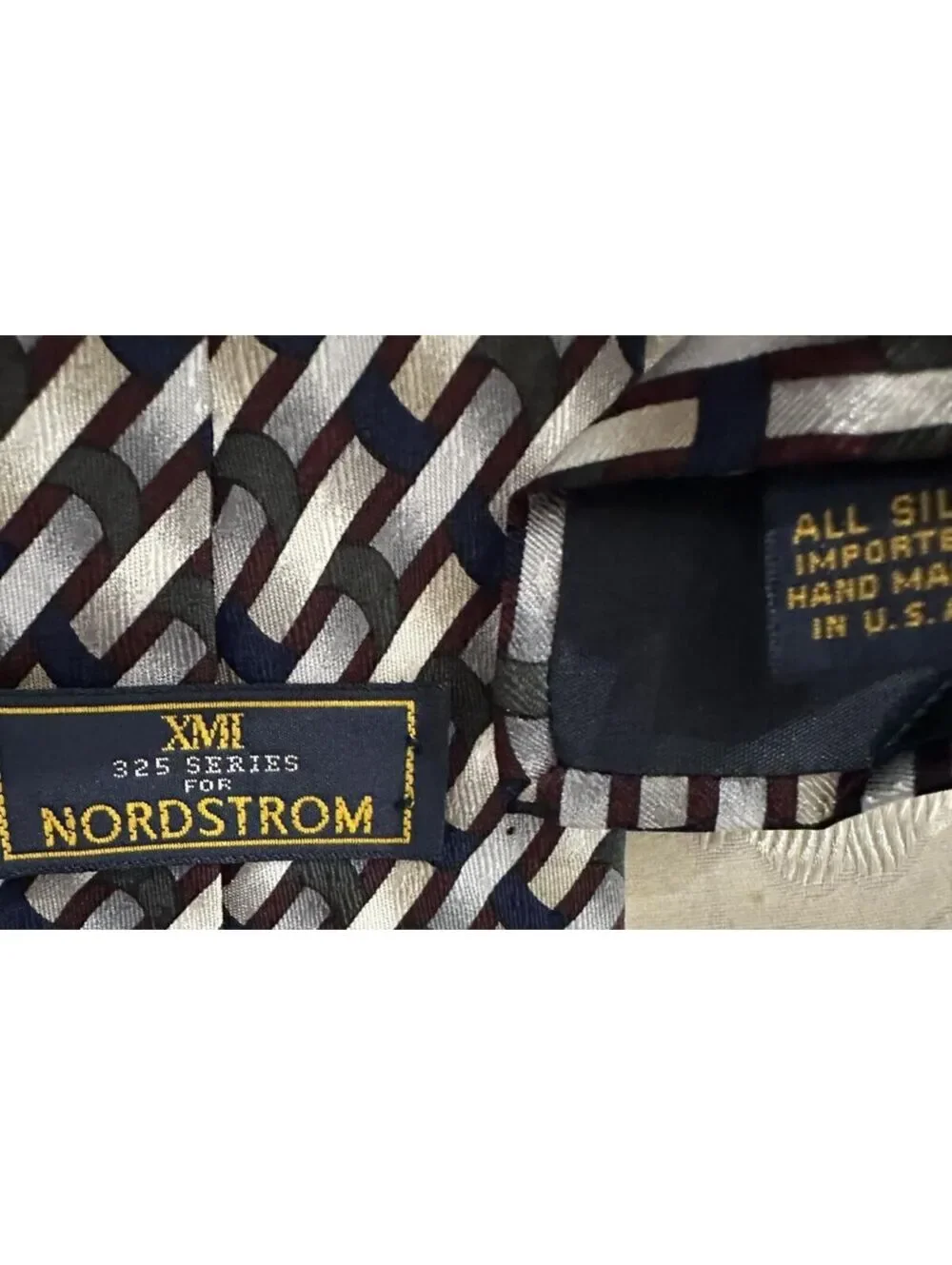 Nordstrom XMI 325 Series 100% Italian Silk Necktie Burgundy/Bl/Gr Handmade USA